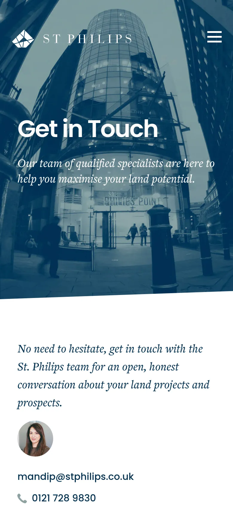 The mobile version displays a condensed hero section with the 'Get in Touch' headline overlaid on a blue-tinted building image. The top navigation is replaced by a hamburger menu icon, and the content below transitions into a single-column vertical layout.