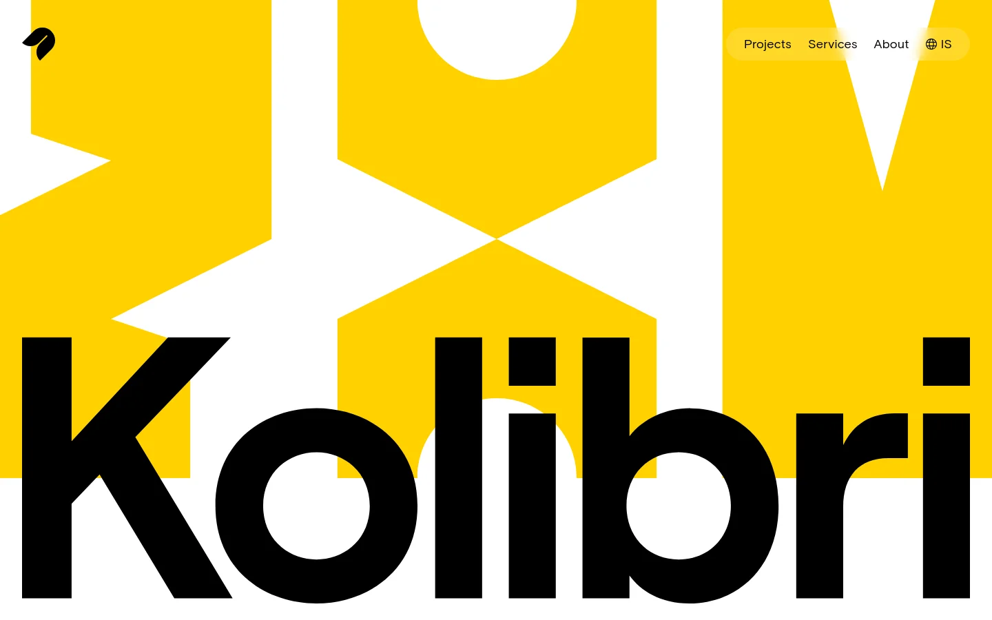Kolibri agency homepage featuring a bold yellow and white geometric hero section with massive black typography. The layout transitions into a clean grid of project cards showcasing diverse digital design work, using a minimalist high-contrast aesthetic.
