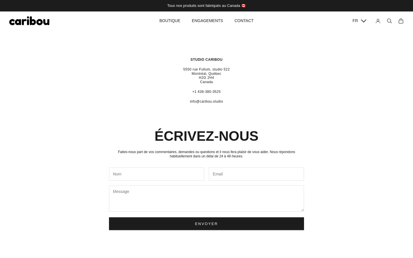 The desktop contact page features a minimalist white background with black text. At the top, the Studio Caribou address and contact details are centered, followed by a large bold headline 'ÉCRIVEZ-NOUS' and a contact form with fields for Name, Email, and Message, ending with a dark rectangular 'ENVOYER' button.
