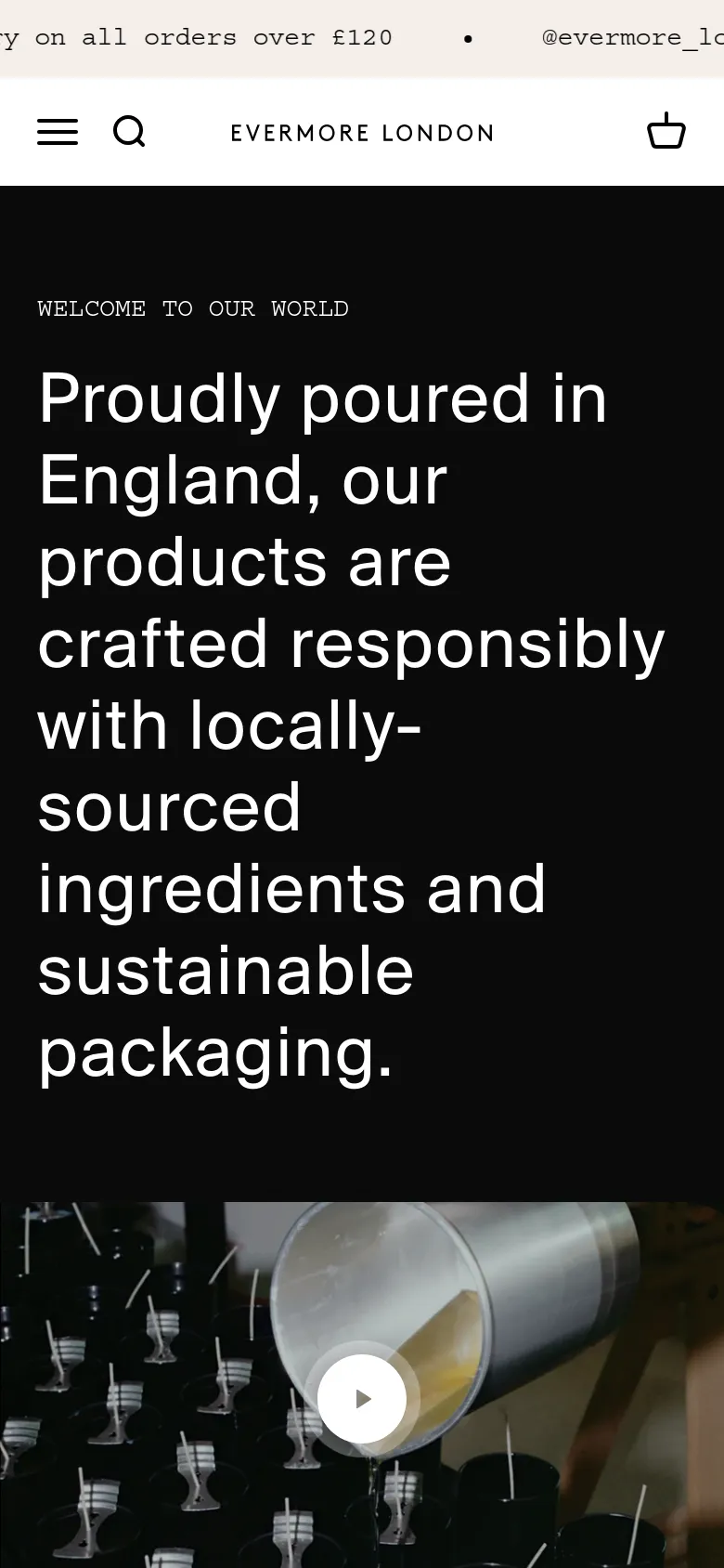 The mobile version maintains the dark theme and white typography but uses a single-column vertical layout. The hero headline is stacked for readability, and the navigation is condensed into a hamburger menu and search icon at the top.
