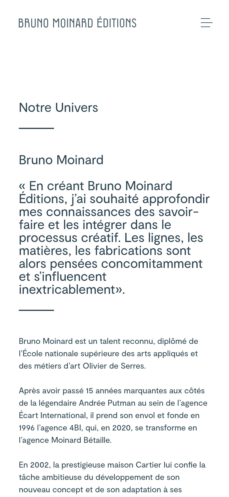 The mobile version of the page reconfigures the layout into a single vertical column. The portrait of Bruno Moinard appears at the top, followed by the 'Notre Univers' heading and the biographical text below it. The navigation menu is collapsed into a hamburger icon at the top right.