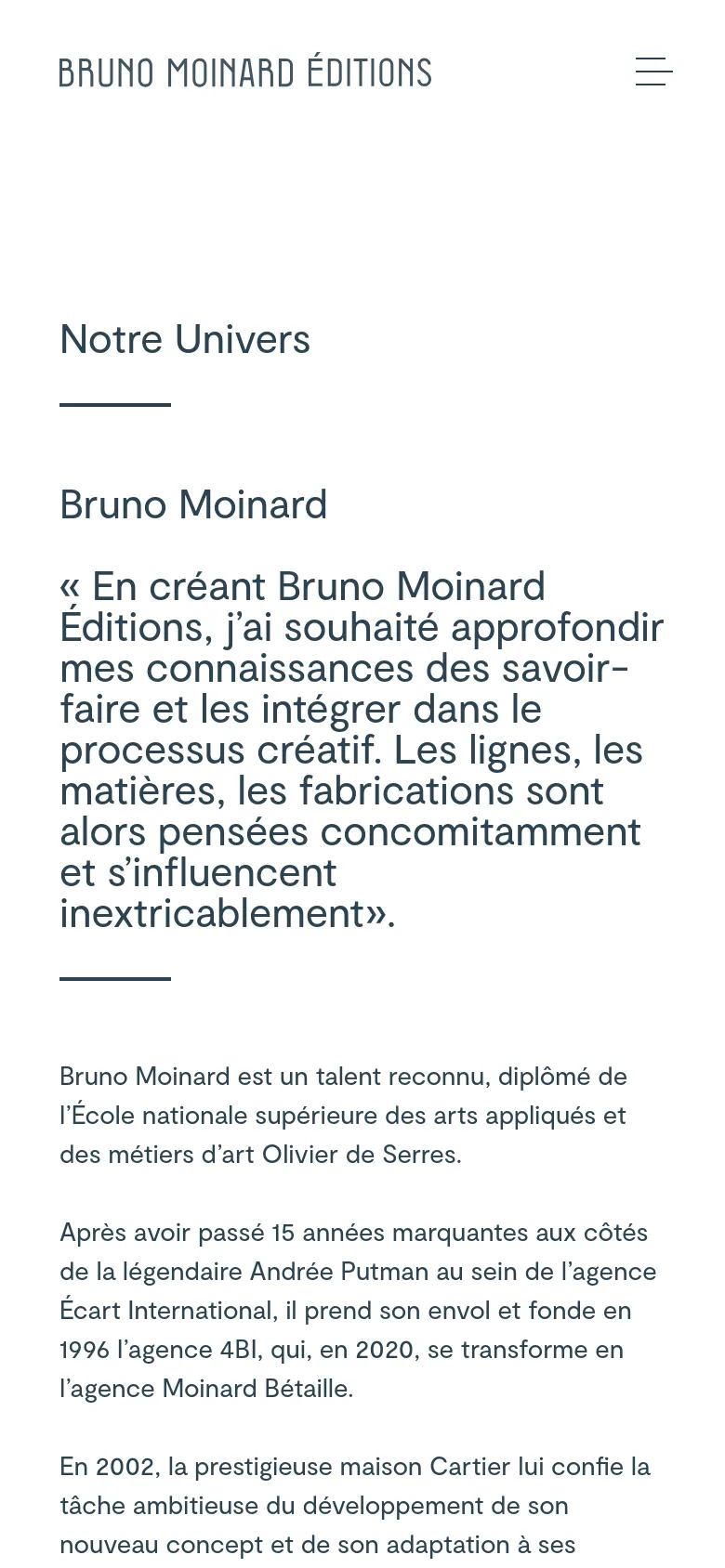 The mobile version of the page reconfigures the layout into a single vertical column. The portrait of Bruno Moinard appears at the top, followed by the 'Notre Univers' heading and the biographical text below it. The navigation menu is collapsed into a hamburger icon at the top right.