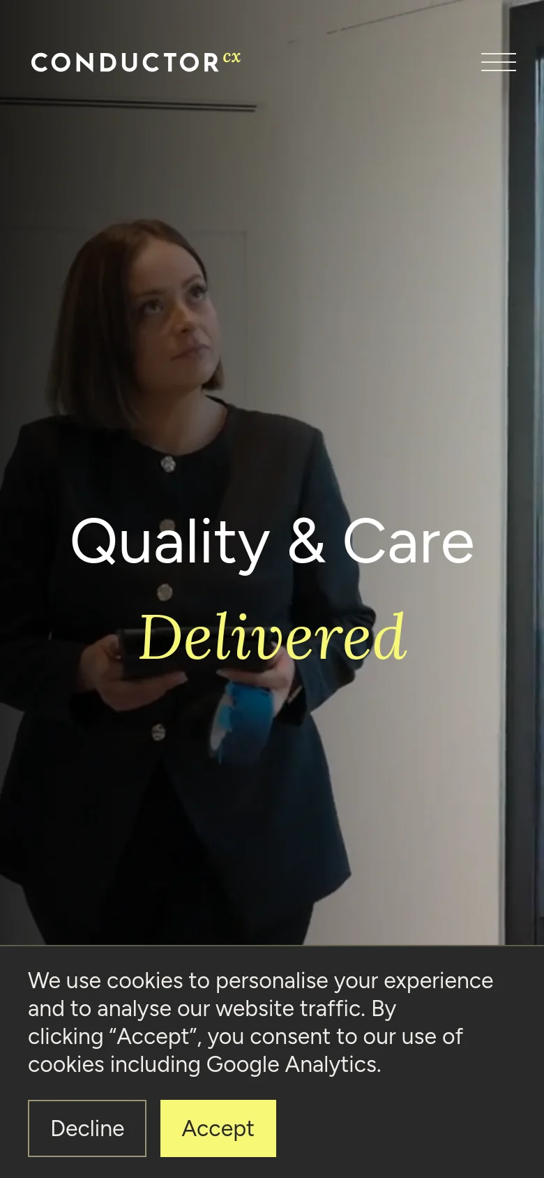 The mobile version displays a vertically oriented hero image of the same woman, with the headline 'Quality & Care Delivered' centered over her. The top navigation is condensed into a white hamburger menu icon, and the cookie consent banner occupies the bottom portion of the screen with large 'Decline' and 'Accept' buttons.