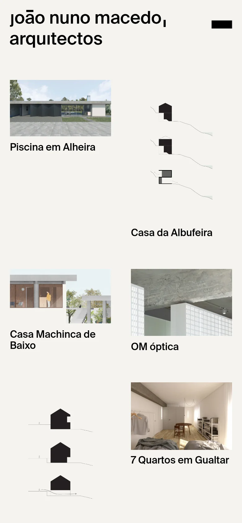The mobile version presents a simplified vertical layout with the studio name at the top and a hamburger menu icon. The architectural projects are arranged in a single-column stack of large images and titles, including 'Piscina em Alheira' and 'Casa Machinca de Baixo', maintaining the clean, high-contrast aesthetic.