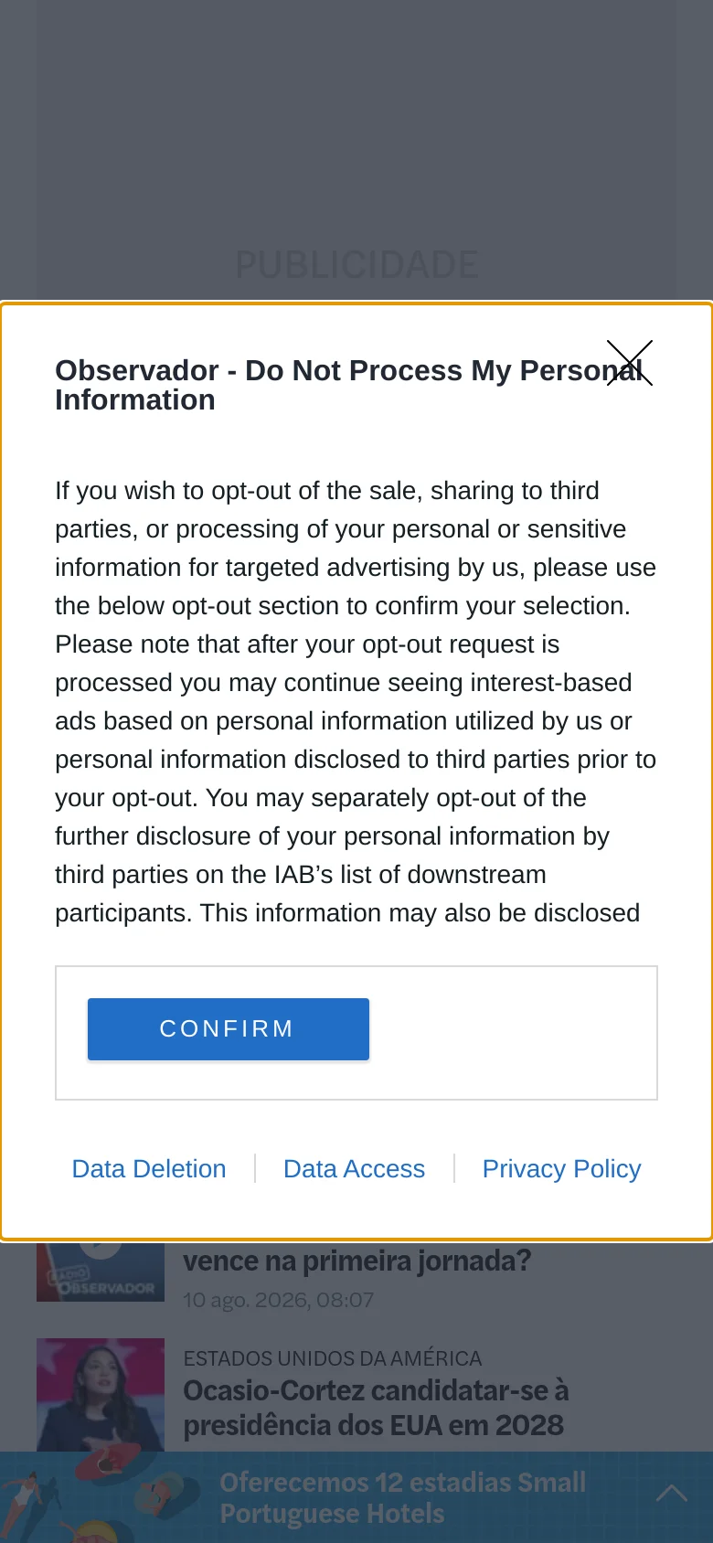 The mobile version presents a vertically stacked news feed optimized for small screens, with headlines and images appearing in a single column. The layout is more compact, and the privacy consent modal takes up most of the screen width. A small promotional banner for hotels appears at the very bottom of the interface.