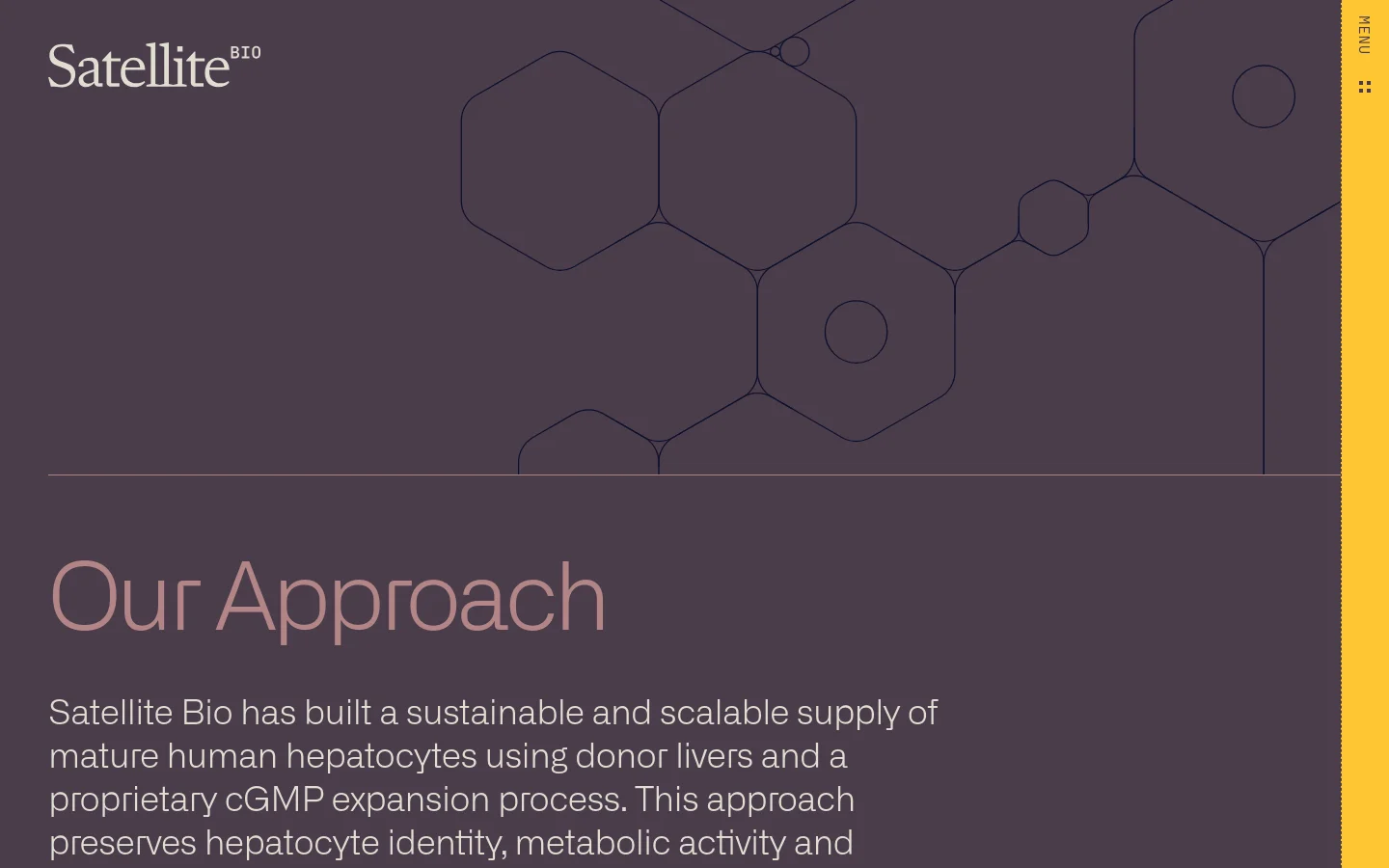 The desktop page features a dark purple background with a large, minimalist hero section containing thin-lined geometric hexagonal patterns and circles. The headline 'Our Approach' is displayed in large, light-colored text above a paragraph of white body text, with the Satellite Bio logo in the top left corner.