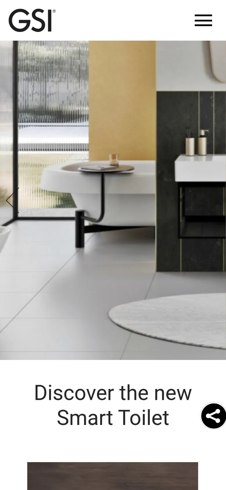 The mobile version simplifies the layout, focusing on a large hero image of a bathroom interior with a white bathtub and dark accents. The GSI logo is prominent at the top left, with a hamburger menu icon on the right, and a large 'Discover the new Smart Toilet' headline appears below the image. The interface is optimized for vertical scrolling with large, touch-friendly icons.