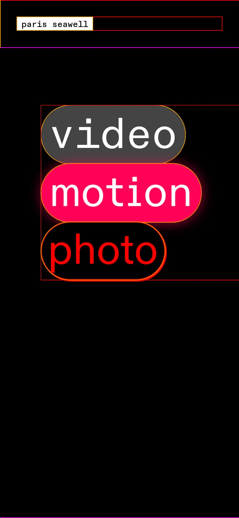 The mobile version maintains the dark aesthetic and black background but stacks the three large navigation buttons vertically instead of horizontally. The 'video', 'motion', and 'photo' pill buttons are centered and take up more relative screen width, while the top navigation bar remains at the top.