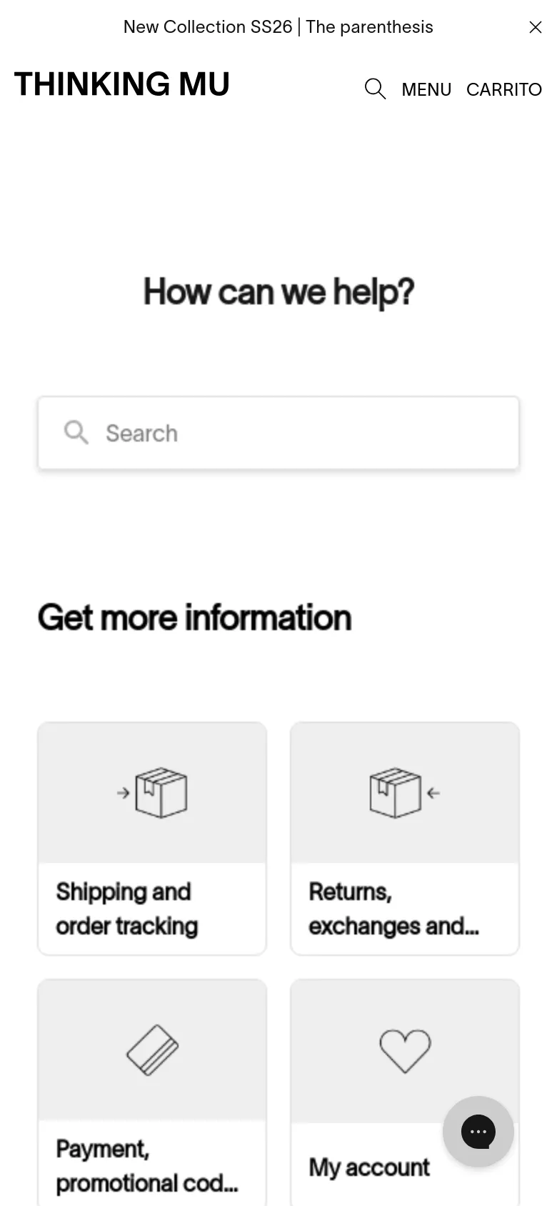 The mobile version maintains the white minimalist aesthetic but uses a simplified header with the Thinking MU logo, a search icon, a 'MENU' button, and 'CARRITO'. The 'How can we help?' headline and search bar are centered, followed by a single-column vertical stack of large, light gray category cards with black icons and text.