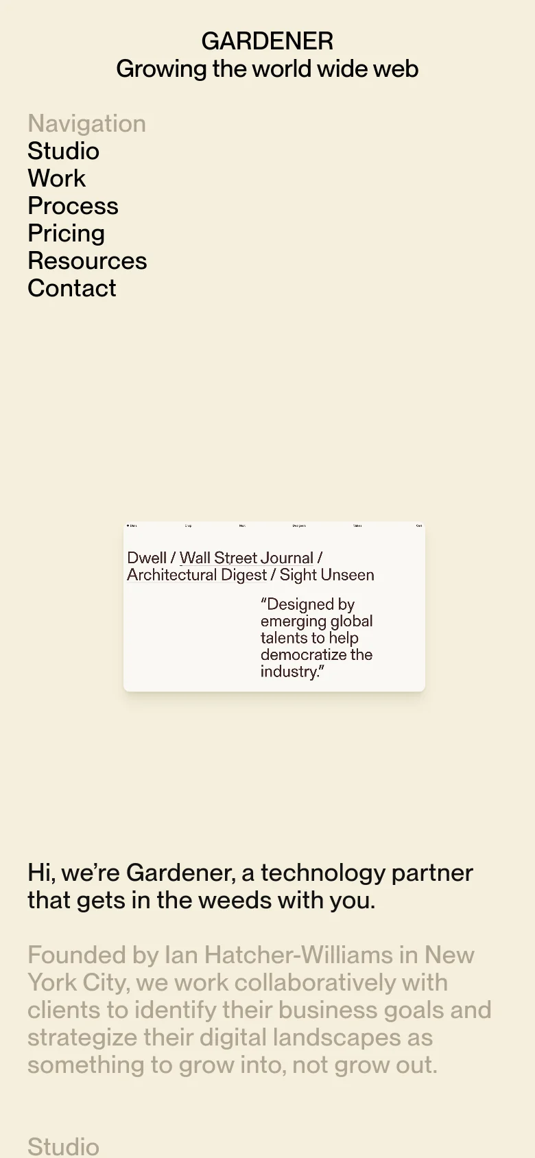 The mobile version maintains the cream and black color scheme but shifts to a single-column vertical layout. The navigation links are stacked vertically at the top, followed by the hero headline and testimonial card, which now spans the width of the screen. Content sections like 'Studio Profile' and 'Services' follow in a continuous downward scroll.