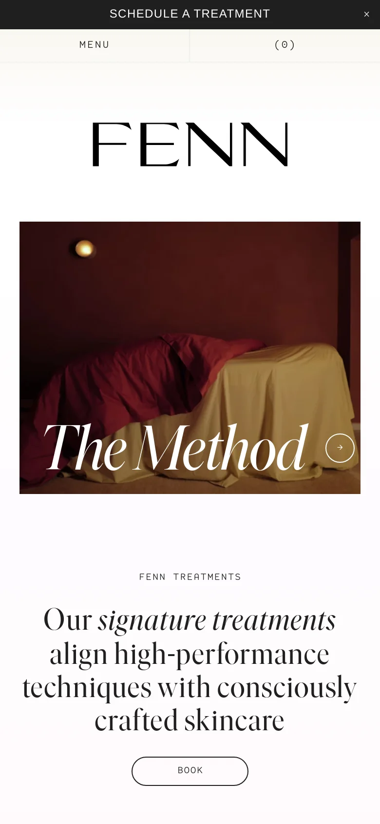 The mobile version uses a stacked layout, starting with a top navigation bar containing 'MENU' and 'CART (0)'. The 'FENN' logo and hero image are centered, with the 'The Method' headline and an arrow icon overlaid on the image, followed by the treatment description and a prominent 'BOOK' button.