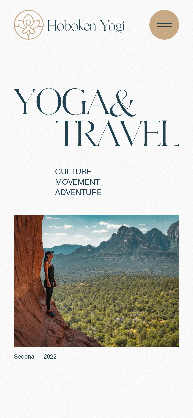 The mobile version presents a vertically stacked layout with the Hoboken Yogi logo and a circular hamburger menu icon at the top. The large 'YOGA & TRAVEL' headline and subtext are centered above a full-width landscape image of a canyon, with the caption 'Sedona — 2022' appearing directly below the photo.
