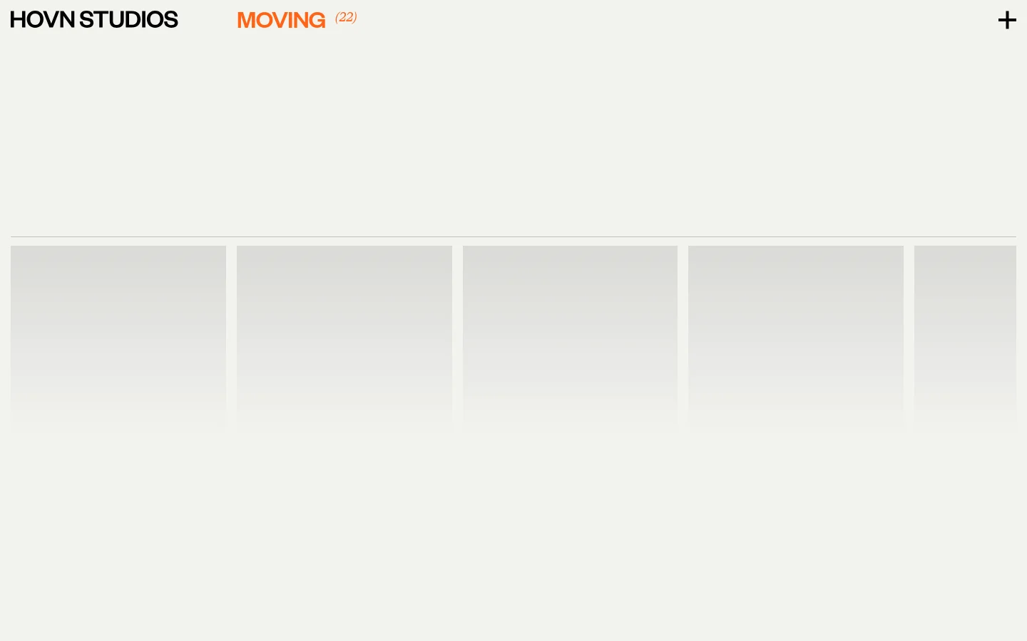 The desktop website features a minimalist white background with a top navigation bar containing 'HOVN STUDIOS' and 'MOVING (22)'. Below the header, a series of large, cinematic film stills are arranged in a wide, horizontal grid layout. Each image is accompanied by project titles, descriptions, and 'Explore Full Project' call-to-action links.