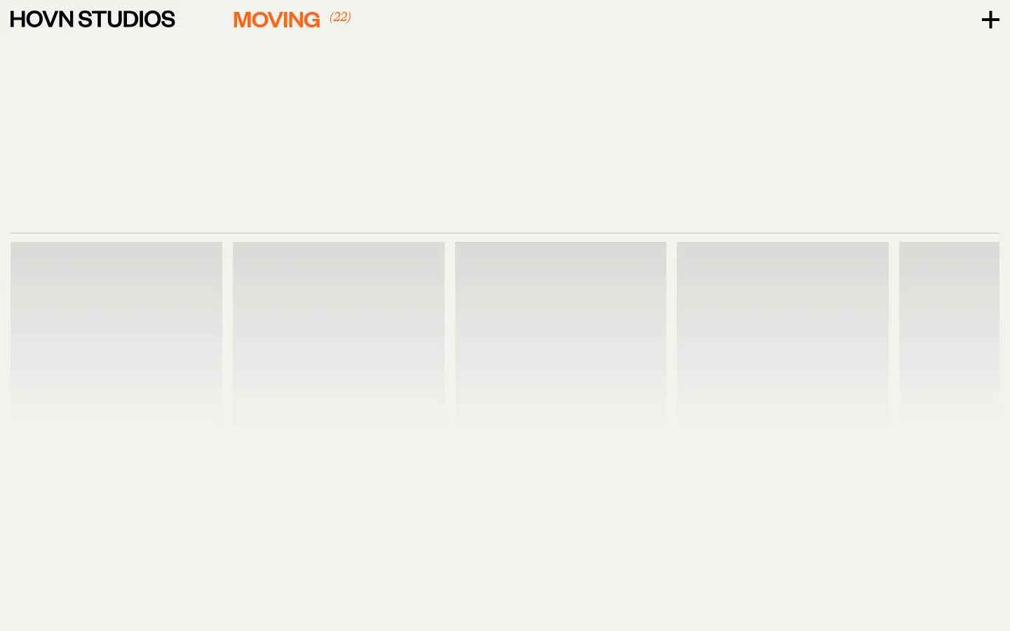 The desktop website features a minimalist white background with a top navigation bar containing 'HOVN STUDIOS' and 'MOVING (22)'. Below the header, a series of large, cinematic film stills are arranged in a wide, horizontal grid layout. Each image is accompanied by project titles, descriptions, and 'Explore Full Project' call-to-action links.