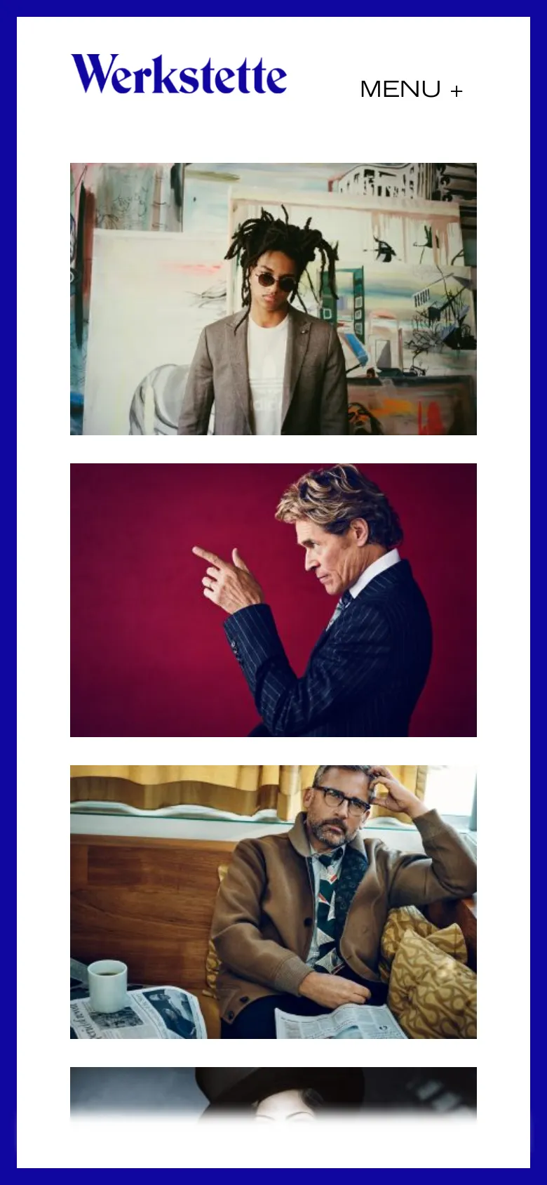 The mobile version features the Werkstette logo at the top left with a 'MENU +' toggle on the right. The content transitions from a multi-column grid to a single-column vertical stack of large, full-width editorial images. The color palette remains white and blue, optimized for vertical scrolling on a smartphone.