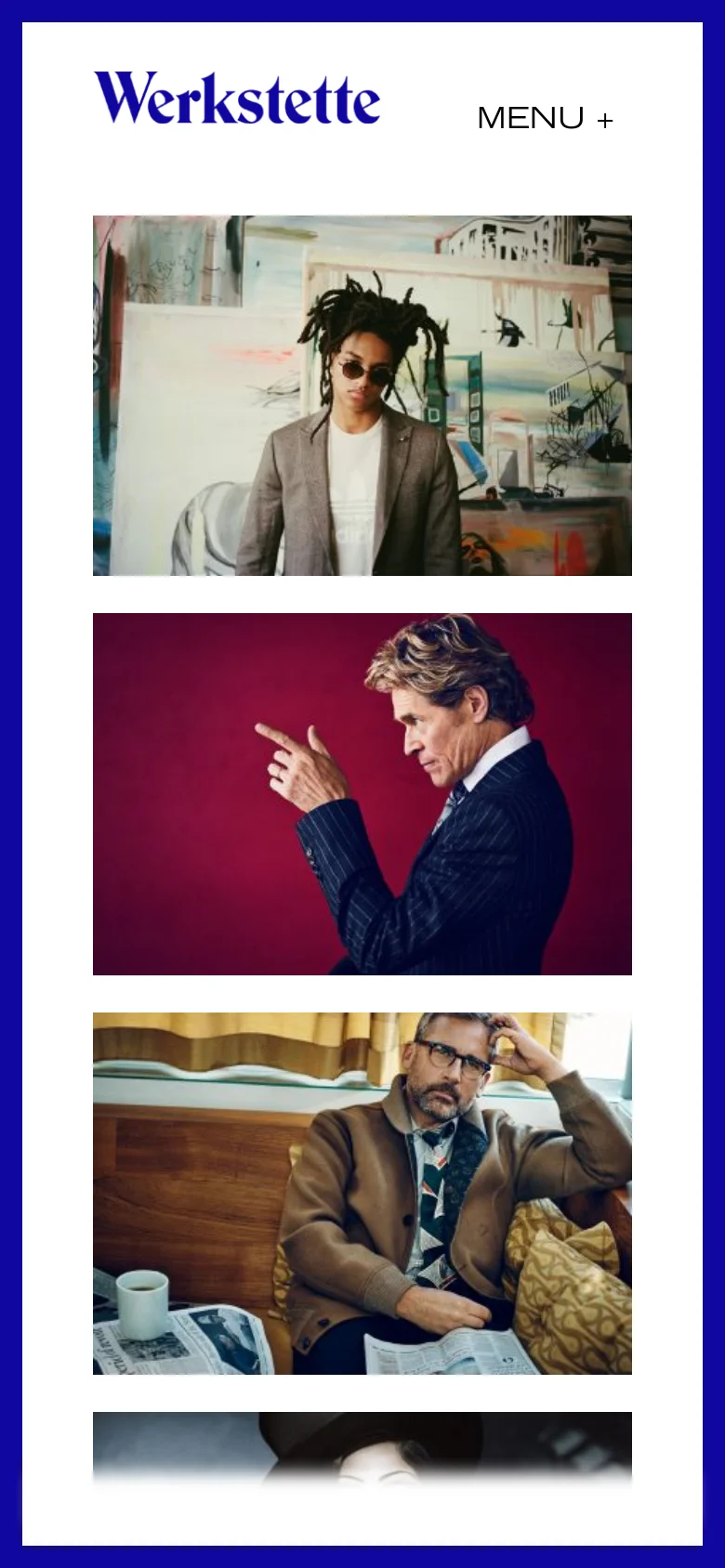 The mobile version features the Werkstette logo at the top left with a 'MENU +' toggle on the right. The content transitions from a multi-column grid to a single-column vertical stack of large, full-width editorial images. The color palette remains white and blue, optimized for vertical scrolling on a smartphone.
