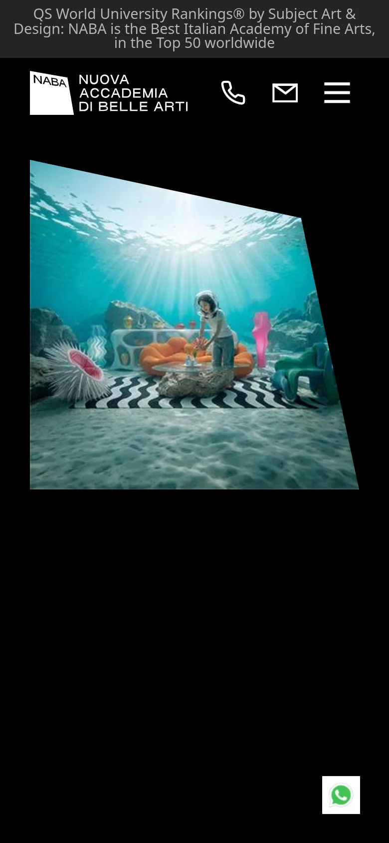 The mobile version uses a dark theme with a condensed header containing the NABA logo, a phone icon, an email icon, and a hamburger menu icon. The main content area shows a large, colorful, surrealist underwater-themed image with a floating WhatsApp contact button in the bottom right corner.