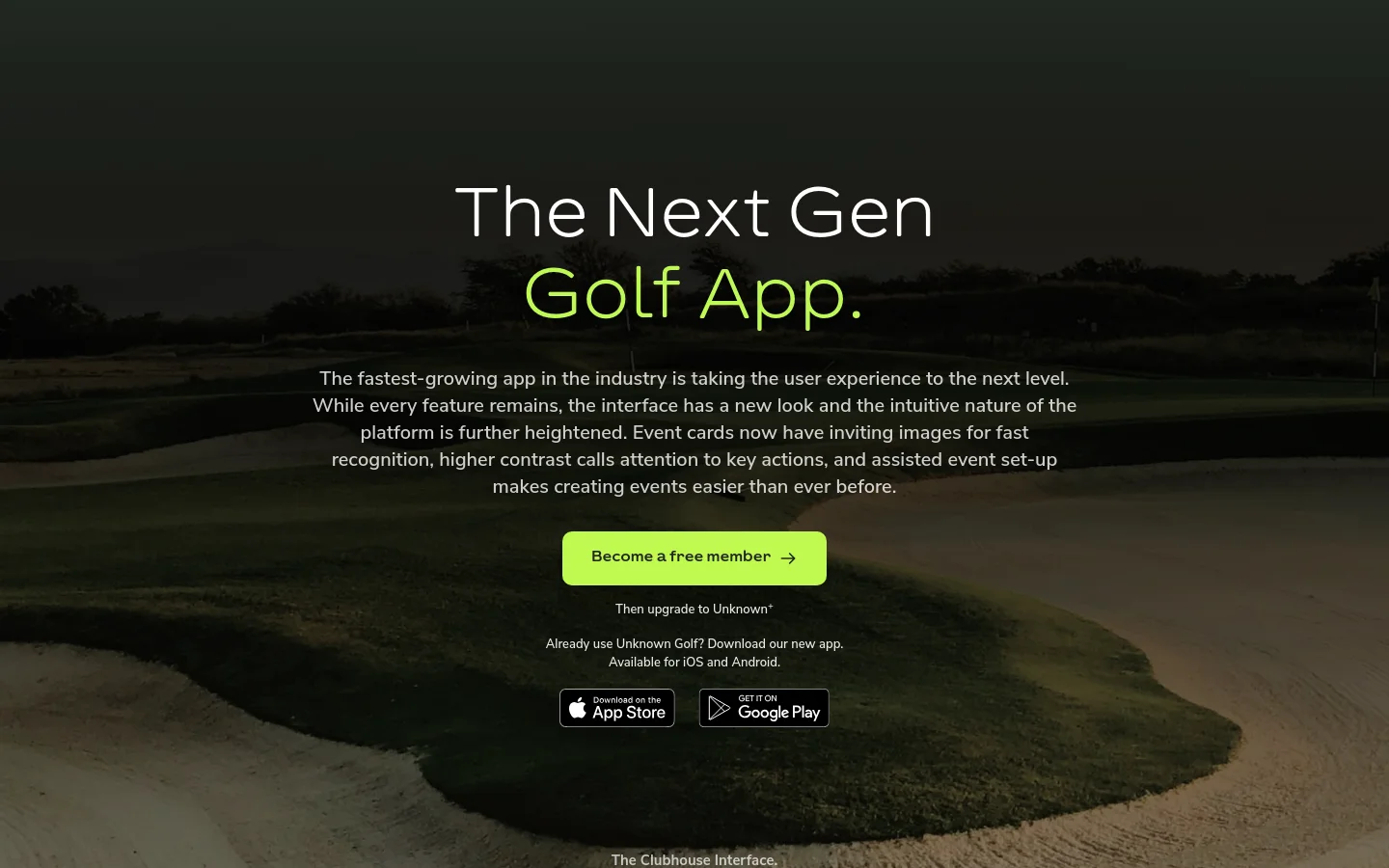 The desktop homepage features a dark, cinematic landscape background of a golf course at dusk. A large headline reads 'The Next Gen Golf App.' in white and lime green, followed by descriptive text and a bright lime green 'Become a free member' call-to-action button. The navigation menu at the top includes links for Players, Clubs & Groups, Developers, and Shop, alongside Login and Sign up buttons.