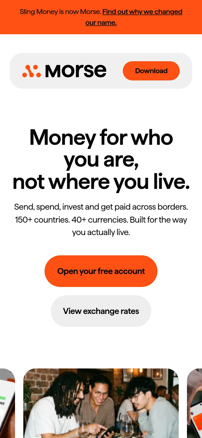 The mobile version presents a vertically stacked layout with the headline and call-to-action buttons centered. The 'Open your free account' button is prominent in orange, followed by the 'View exchange rates' button. The lifestyle images and app screenshots are arranged in a single-column scrollable format below the main text.