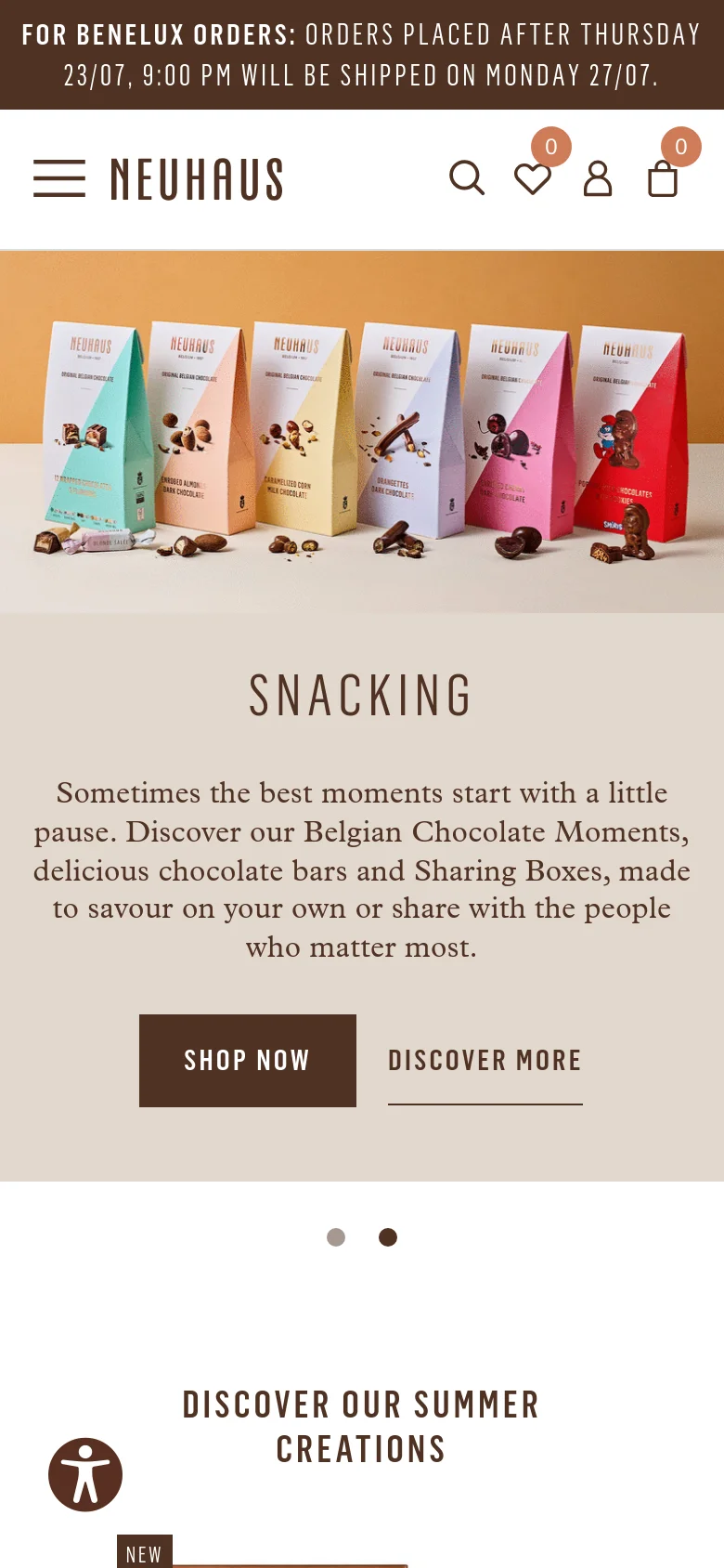 The mobile version presents a vertically stacked layout optimized for small screens. The hero section features the same 'SNACKING' headline and chocolate box imagery but with smaller text and buttons, while the navigation is condensed into a hamburger menu icon next to the Neuhaus logo. A top announcement bar provides shipping information for Benelux orders.