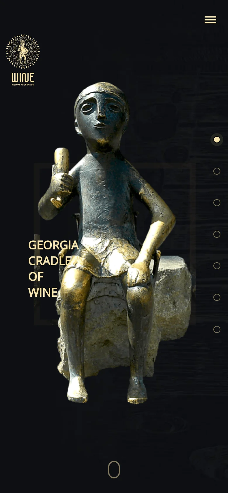 The mobile version maintains the dark aesthetic and hero imagery of the ancient figurine but shifts the layout for a vertical screen. The headline 'GEORGIA CRADLE OF WINE' is positioned centrally over the image, and the navigation menu is condensed into a hamburger icon at the top right.