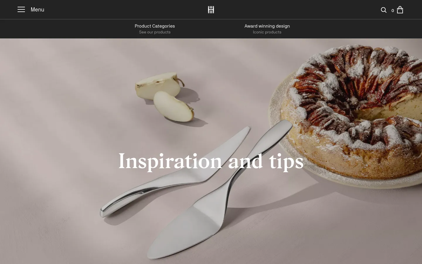 The desktop page features a large hero image of silver cutlery and a powdered cake on a neutral background with the headline 'Inspiration and tips'. Below, a clean white layout contains text and a series of vertical content cards, each featuring a large image, a headline, and a 'Read more' call to action. The navigation bar is dark with white text and includes links for Product Categories and Award winning design.