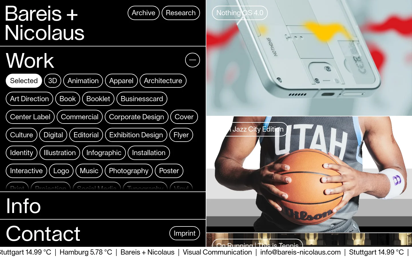 The desktop homepage features a black background with white text, displaying the agency name 'Bareis + Nicolaus' and a 'Work' section. A grid of large, high-quality project images and text links is organized alongside a dense collection of pill-shaped filter buttons for various design categories. The layout is split, with navigation and filters on the left and large project visuals on the right.