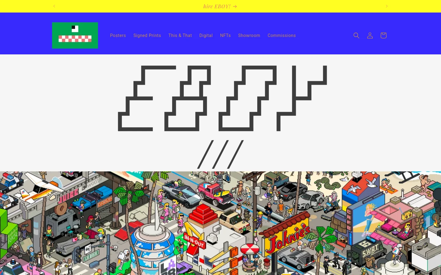The desktop homepage features a blue header with the eBoy logo, navigation links, and a yellow 'hire EBOY!' banner. Below a large pixel art 'eBoy' logo, a wide hero image shows a dense, colorful pixel art cityscape, followed by a grid of product categories including Posters, This & That, Signed & Framed, and Digital.