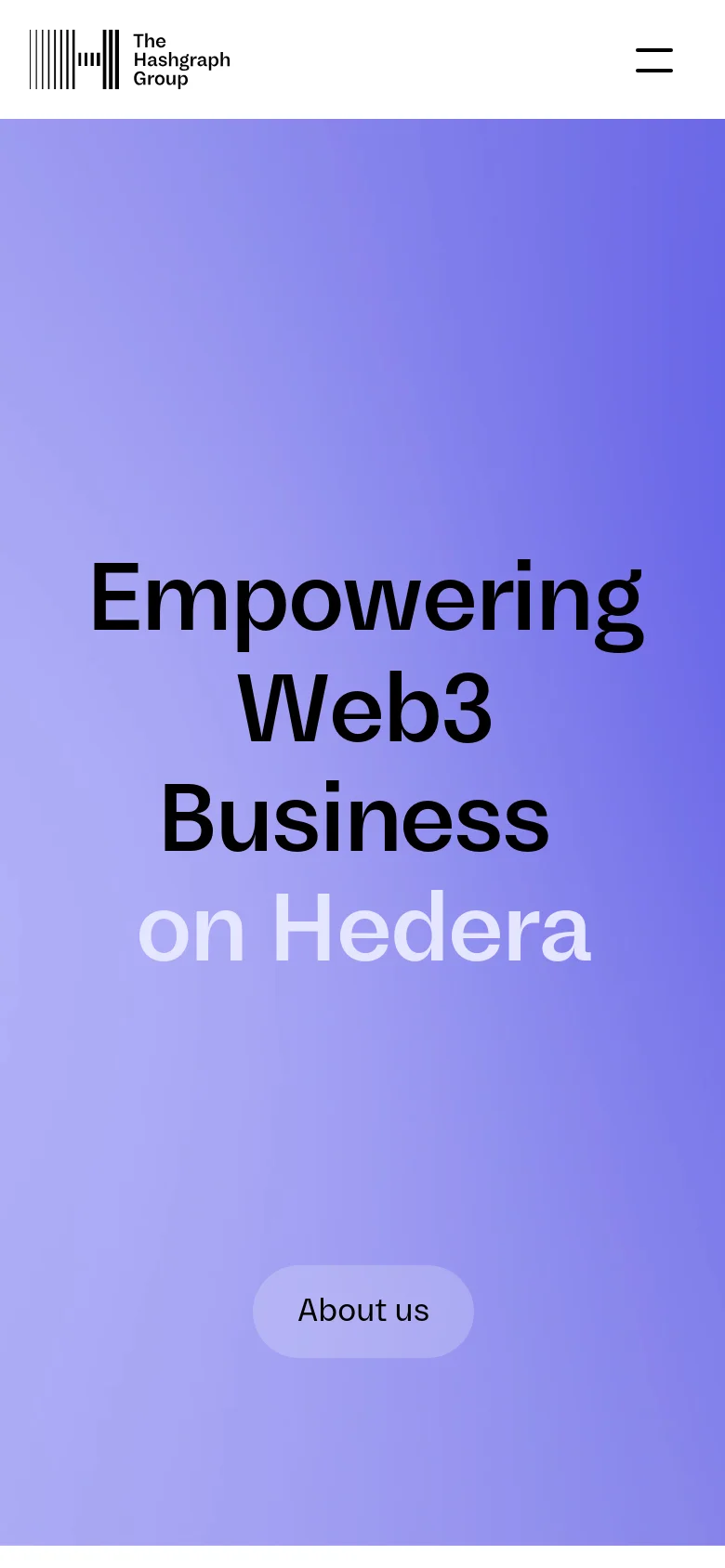 The mobile version presents a simplified layout with a similar purple and blue gradient background. The large headline 'Empowering Web3 Business on Hedera' is stacked vertically to fit the narrow screen, followed by the 'About us' button. The top navigation is condensed into a hamburger menu icon on the right, while the company logo remains on the left.