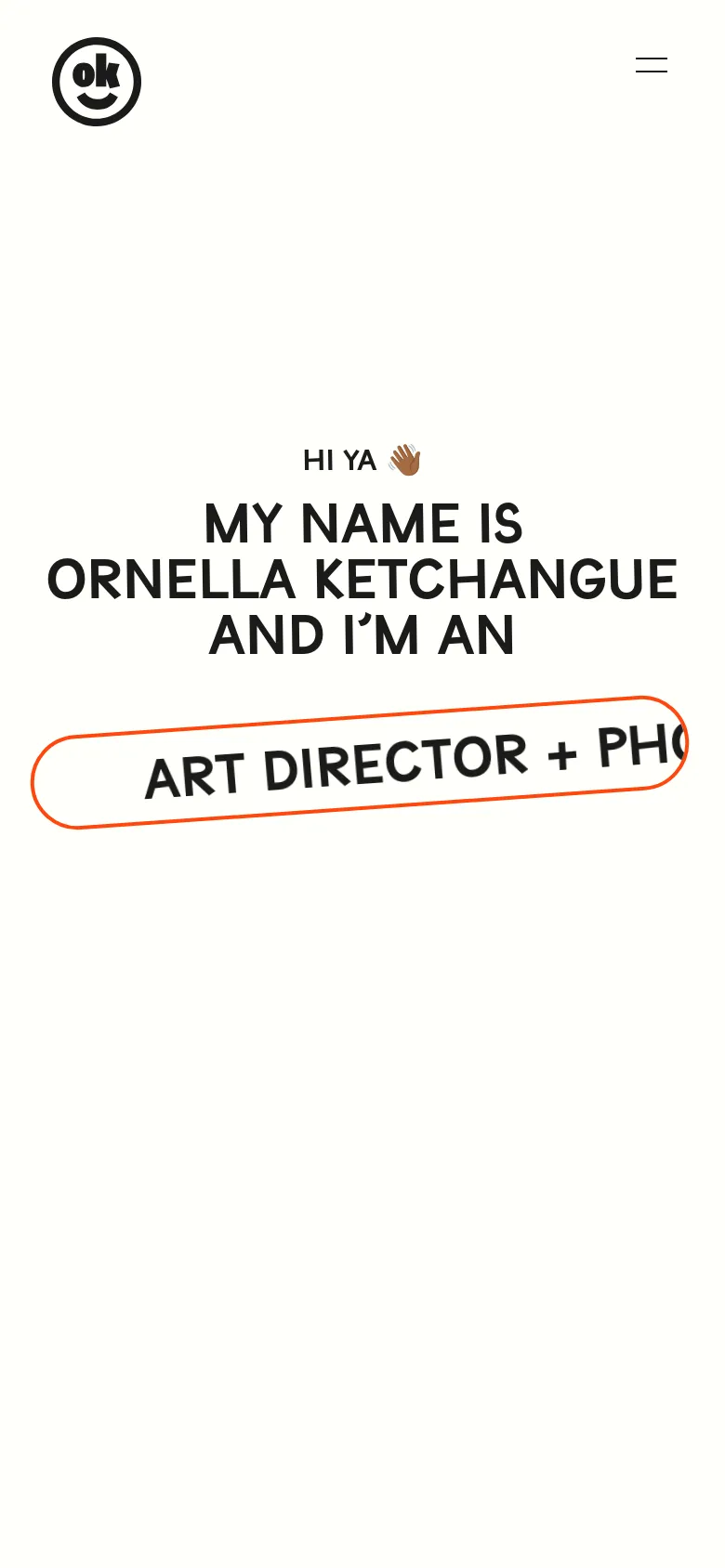 The mobile version features a simplified vertical layout with a centered 'ok' smiley face logo and a hamburger menu icon at the top. The large bold headline is stacked vertically, and the orange accent shapes are adjusted to fit the narrower screen width.