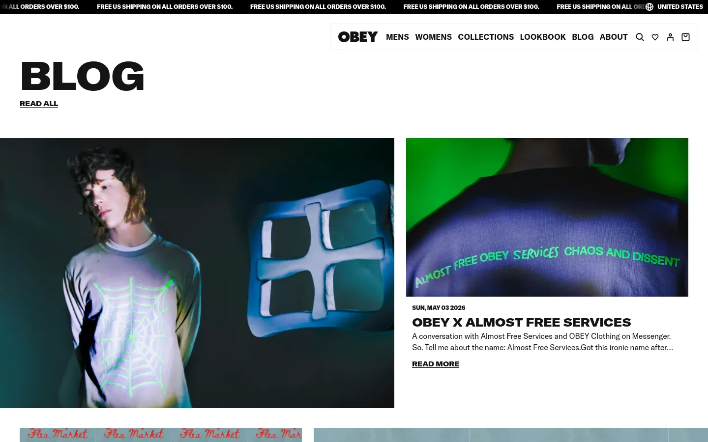 The desktop Blog page features a minimalist white background with a large, bold black 'BLOG' heading and a 'READ ALL' link. Below, a large featured article section displays a split-screen hero image of a person in a graphic t-shirt next to a close-up of text, accompanied by the headline 'OBEY X ALMOST FREE SERVICES' and a short text excerpt. The top navigation bar includes the OBEY logo and links for Mens, Womens, Collections, Lookbook, Blog, and About.