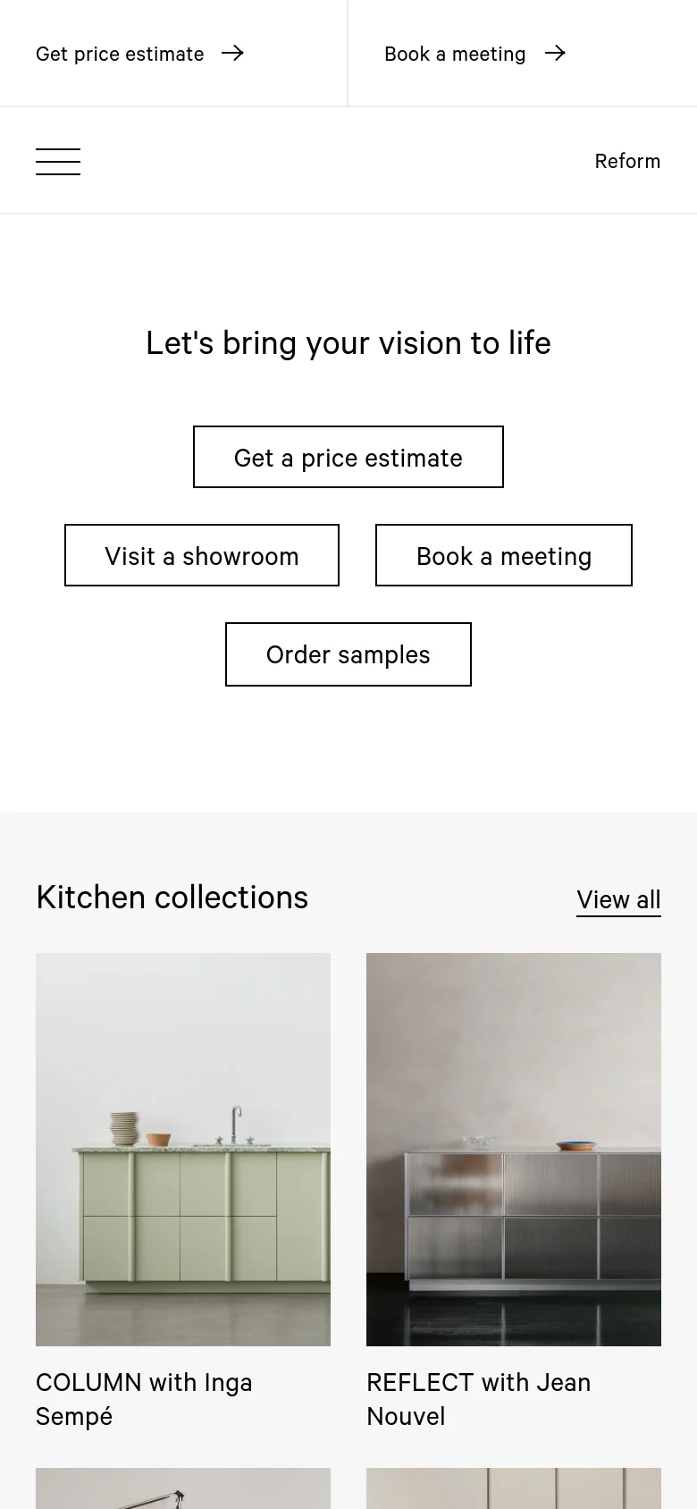 The mobile version simplifies the layout with a hamburger menu icon and the Reform logo at the top. The central call-to-action buttons are stacked vertically for easier tapping, and the 'Kitchen collections' section displays large, single-column images of kitchen designs.