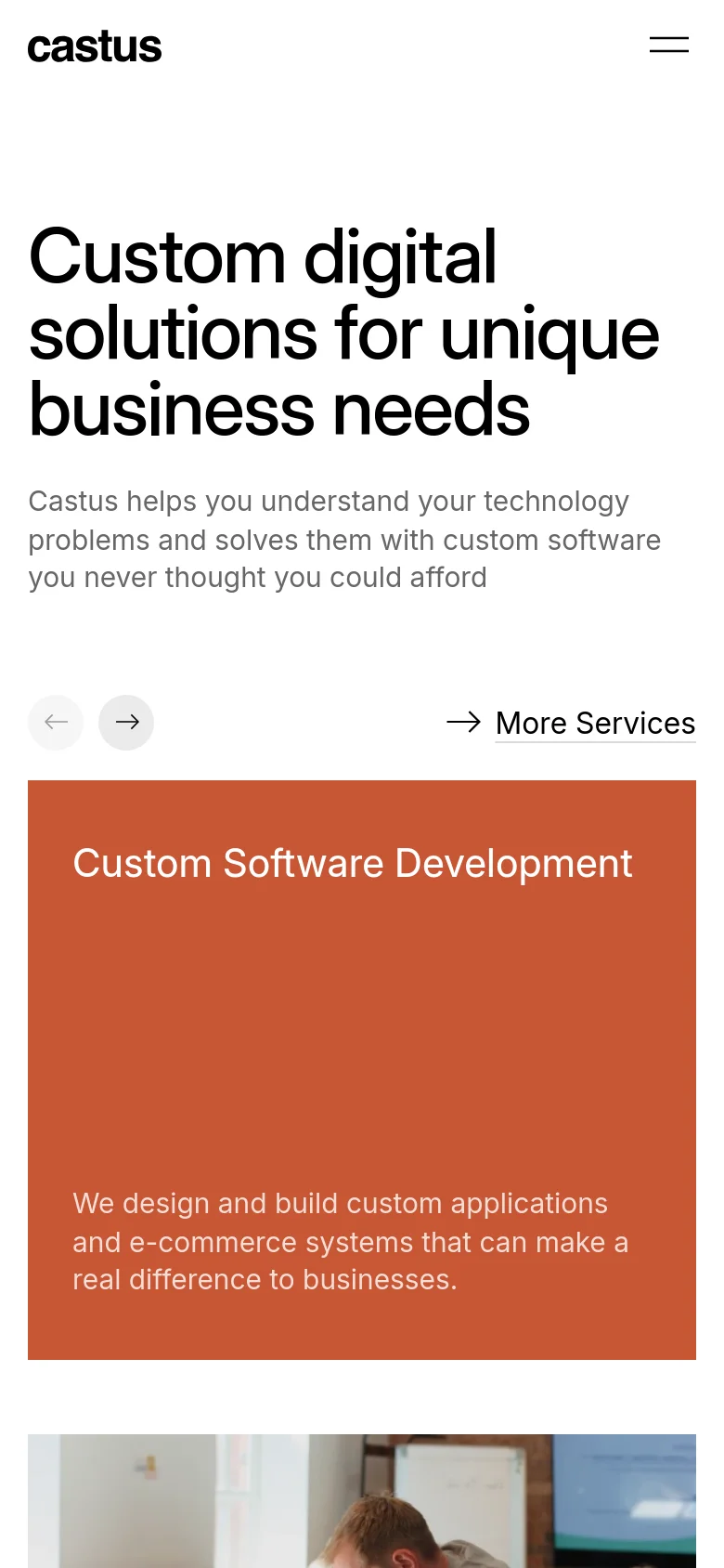 The mobile version presents a single-column layout with the same headline and subheadline, which are centered and scaled for smaller screens. The service cards are stacked vertically or presented in a touch-friendly slider with large navigation arrows. The top navigation is replaced by a hamburger menu icon on the right side.