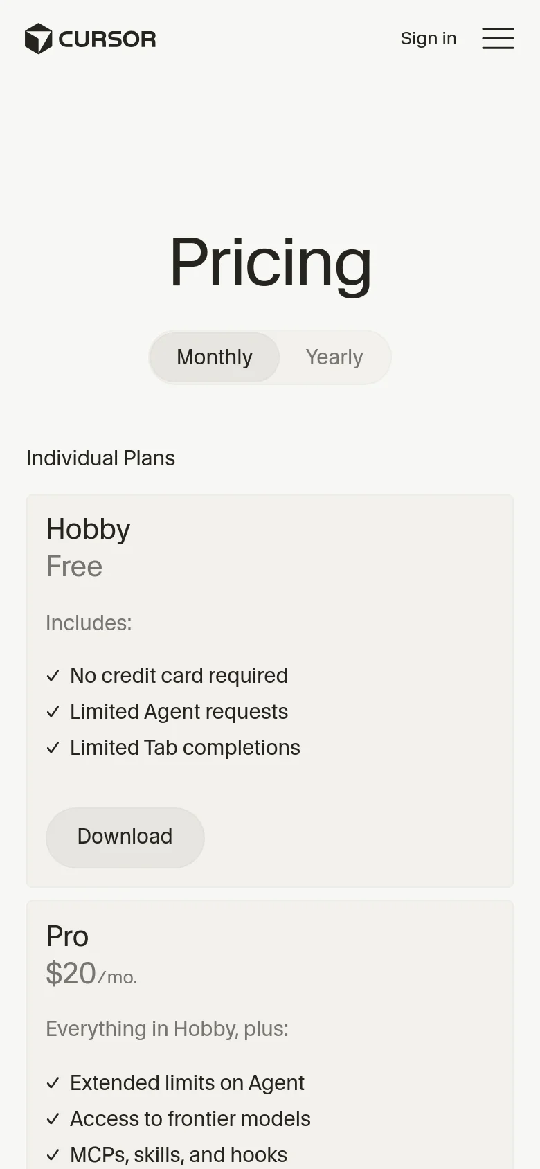 The mobile version presents a vertically stacked layout of the pricing plans to accommodate a narrow screen. The 'Pricing' header and billing toggle remain at the top, followed by the Hobby plan card, which is fully visible, while the Pro plan card begins below it. The desktop's horizontal navigation bar is replaced by a hamburger menu icon in the top right corner.