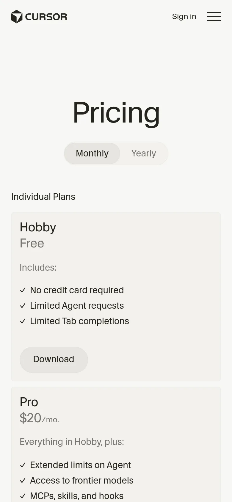The mobile version presents a vertically stacked layout of the pricing plans to accommodate a narrow screen. The 'Pricing' header and billing toggle remain at the top, followed by the Hobby plan card, which is fully visible, while the Pro plan card begins below it. The desktop's horizontal navigation bar is replaced by a hamburger menu icon in the top right corner.
