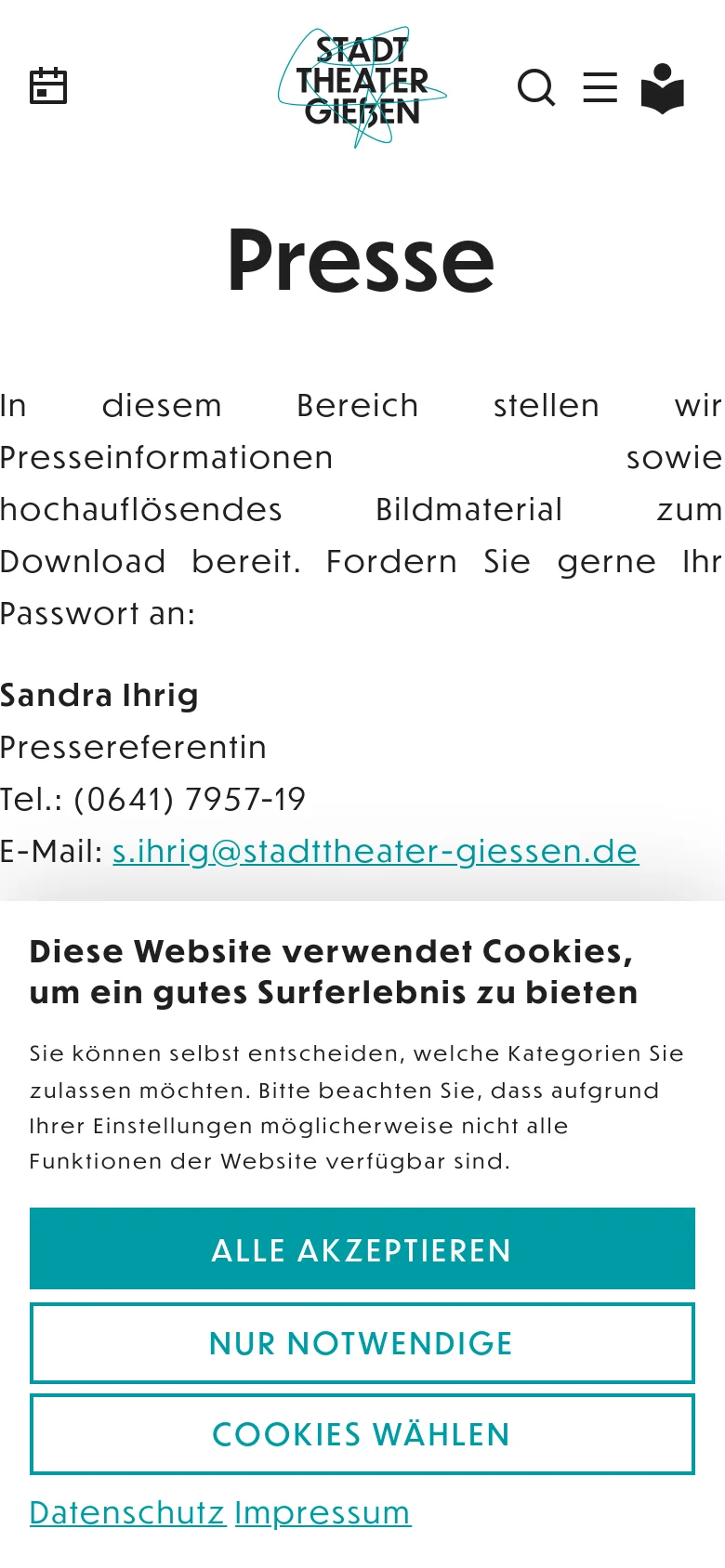 The mobile version shows a simplified layout with the logo, search icon, and menu icon at the top. The 'Presse' headline and contact text are stacked vertically, and the cookie consent banner occupies a significant portion of the lower screen with large, full-width buttons.