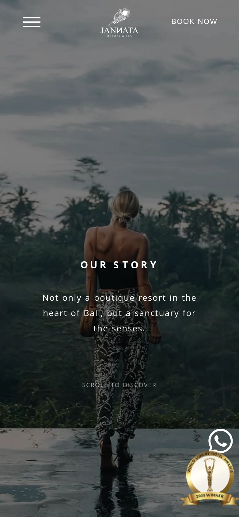The mobile version shows a vertically oriented view of the same hero image with a woman facing a lush jungle landscape. The navigation is condensed into a hamburger menu icon on the left, with the resort logo centered and a 'Book Now' link on the right.