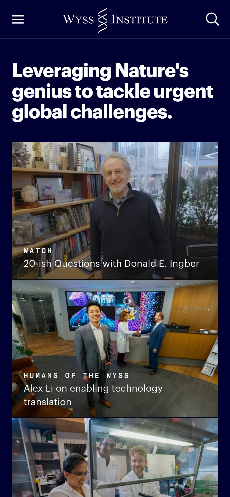 The mobile version simplifies the layout with a hamburger menu icon and a search icon in the header. The hero headline is stacked vertically, and the large photographic collage is reorganized into a single-column vertical scroll of large images, including a video feature and human interest stories.