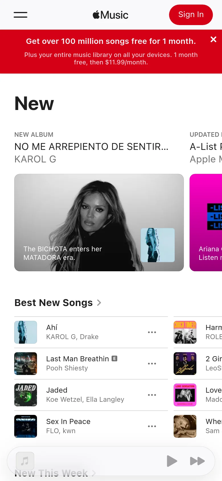 The mobile version presents a simplified vertical layout with a large 'New' heading and stacked hero tiles for featured music. The sidebar navigation is replaced by a hamburger menu, and the 'Best New Songs' list occupies the full width of the screen. A prominent red promotional banner at the bottom offers a free trial with a 'Try It Free' button.