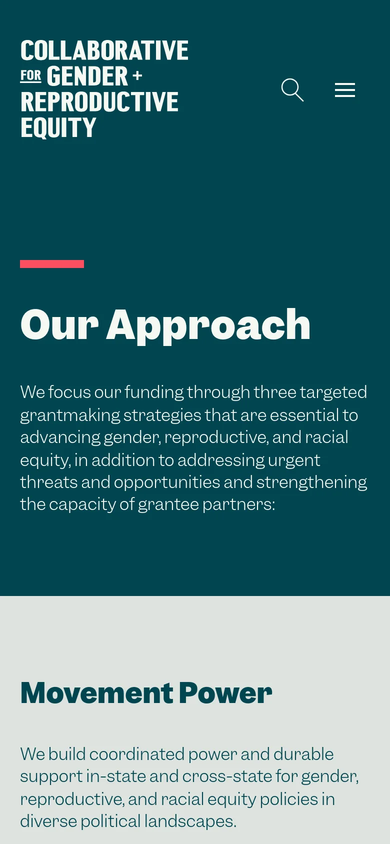 The mobile version simplifies the layout, replacing the top navigation bar with a hamburger menu and a search icon. The dark teal hero section remains prominent with the 'Our Approach' headline and text, but the secondary 'Movement Power' section is stacked vertically without the side-by-side image layout seen on desktop.