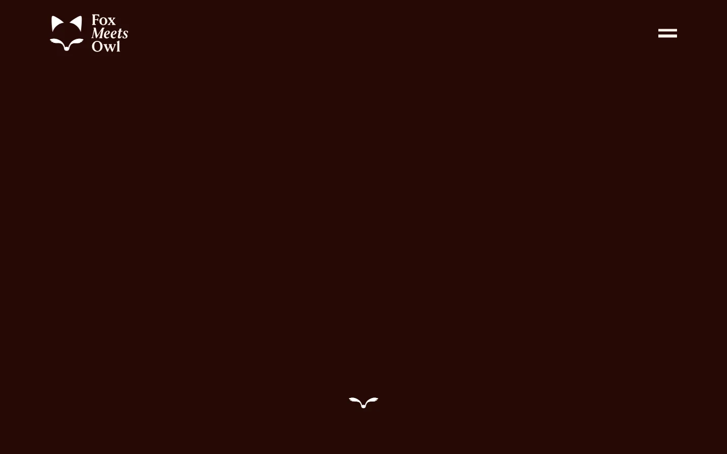 The About page features a dark burgundy background with the Fox Meets Owl logo in white at the top left and a hamburger menu icon on the right. A large Kierkegaard quote and biographical text about Dr. Ana Lueneburger are centered, accompanied by a small white bird icon at the bottom.