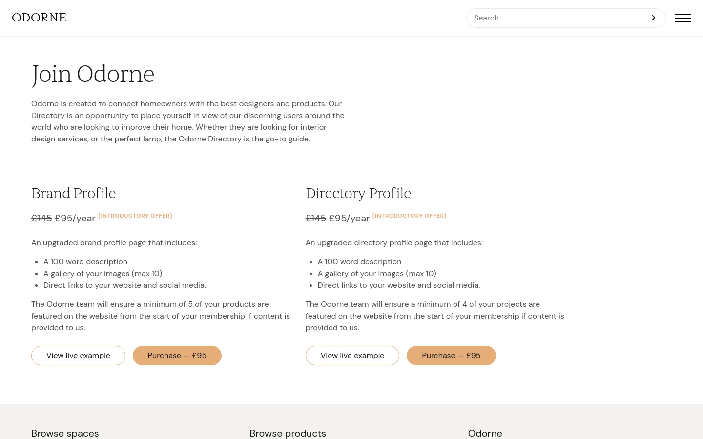 The desktop page features a clean, minimalist design with a white background and black serif typography. A large 'Join Odorne' headline is followed by introductory text, with two membership options, 'Brand Profile' and 'Directory Profile', arranged in side-by-side columns. Each column includes pricing, feature lists, and two pill-shaped buttons for viewing examples or purchasing.