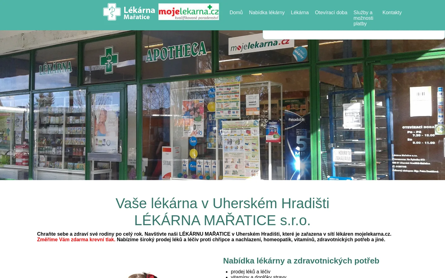 The desktop homepage features a teal and white color scheme with a large hero image of the pharmacy storefront. A navigation menu is at the top, followed by a headline, a descriptive paragraph, and a large image of healthy nutrition. Below, sections detail pharmacy offerings, news, opening hours, and various product categories with supporting images.