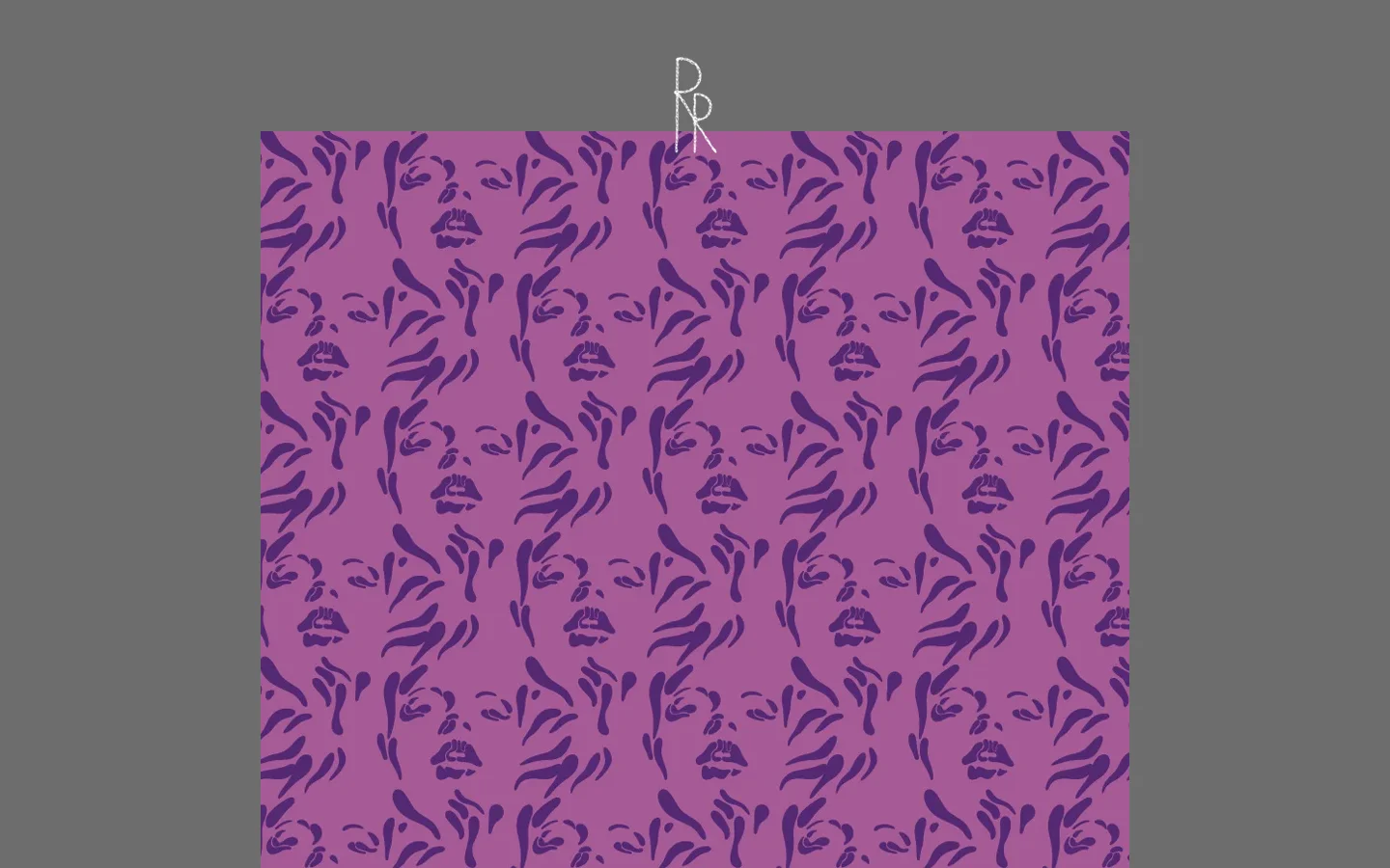 A desktop view of a portfolio page featuring a large, repeating pattern of stylized purple faces on a magenta background. The page includes a gray header with a white logo, the headline 'MVM Unused Face Pattern', and a brief biographical text about designer Magnus Voll Matthiassen.