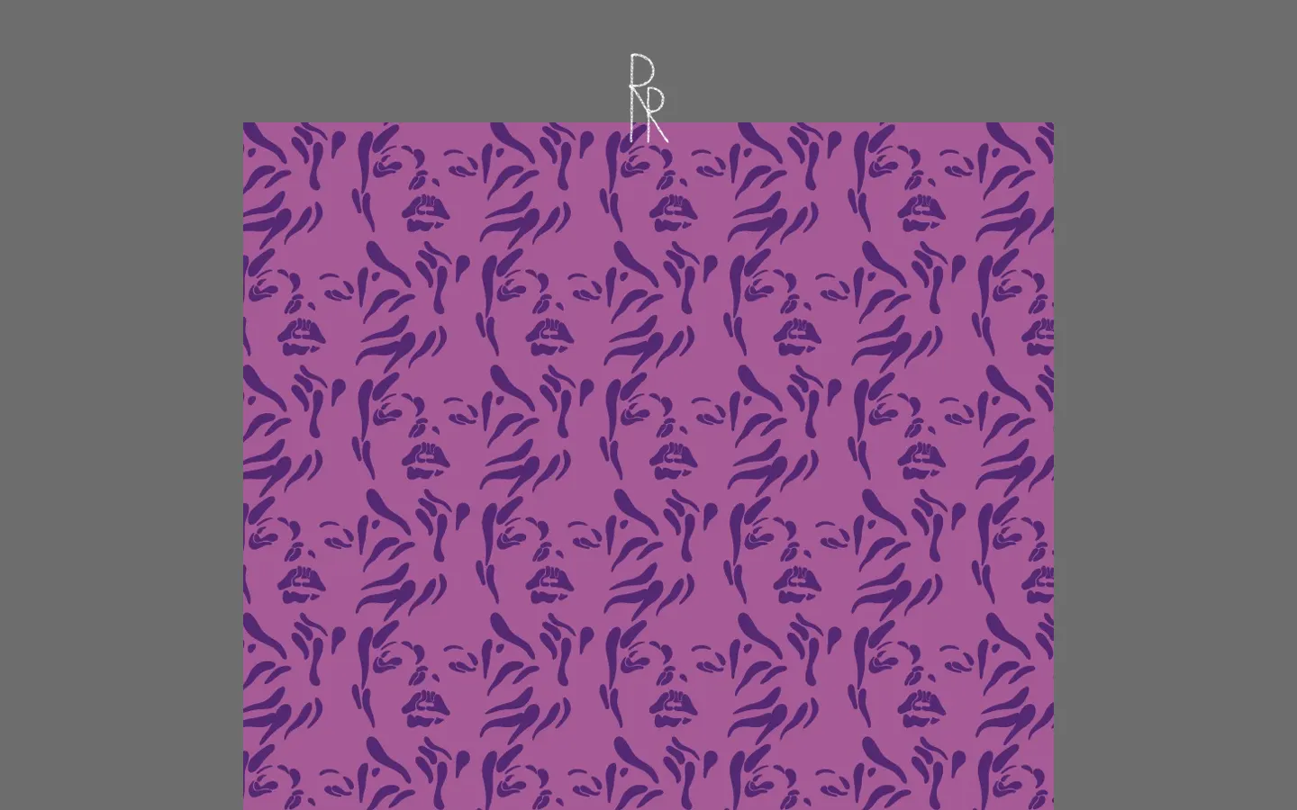 A desktop view of a portfolio page featuring a large, repeating pattern of stylized purple faces on a magenta background. The page includes a gray header with a white logo, the headline 'MVM Unused Face Pattern', and a brief biographical text about designer Magnus Voll Matthiassen.