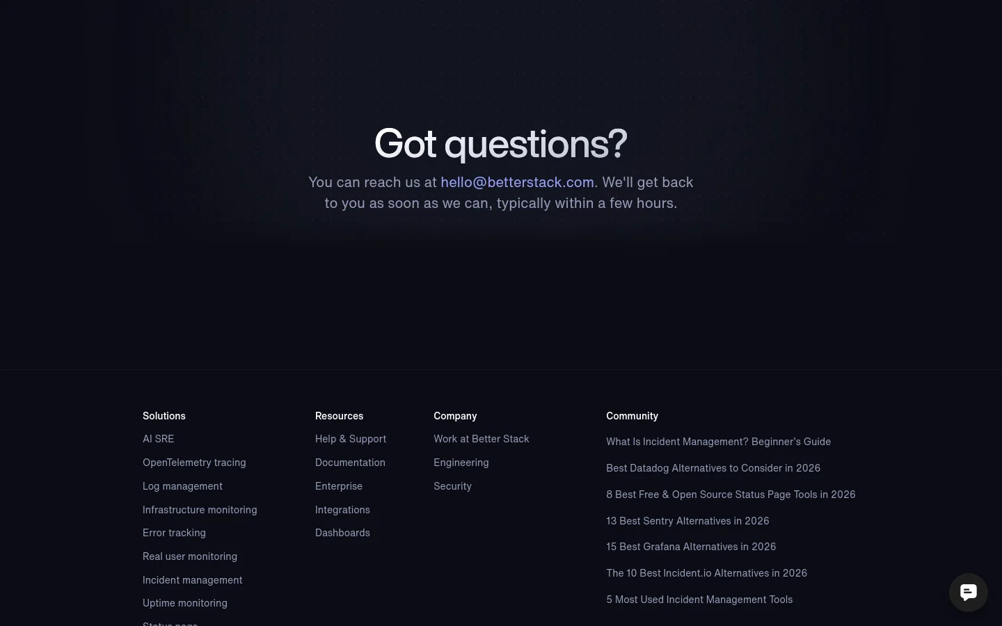 The Help & Support page features a dark, minimalist design with a large white headline reading 'Got questions?' centered against a dark navy background. Below the headline, a subtext provides a contact email address, followed by a multi-column footer containing links categorized under Solutions, Resources, Company, and Community. The layout is spacious with clean white typography.