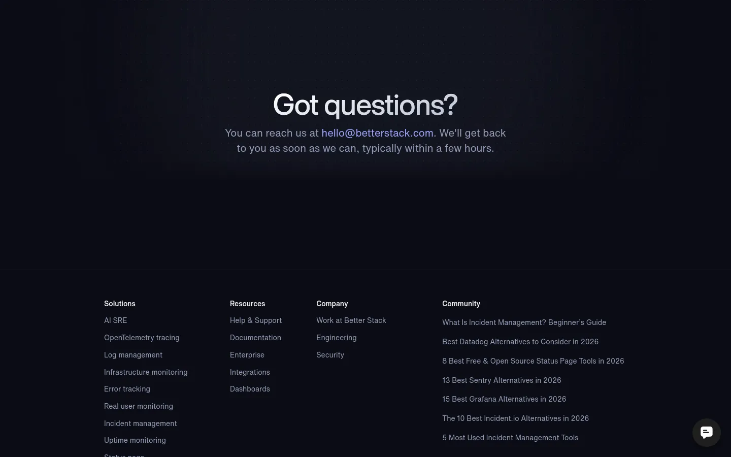 The Help & Support page features a dark, minimalist design with a large white headline reading 'Got questions?' centered against a dark navy background. Below the headline, a subtext provides a contact email address, followed by a multi-column footer containing links categorized under Solutions, Resources, Company, and Community. The layout is spacious with clean white typography.