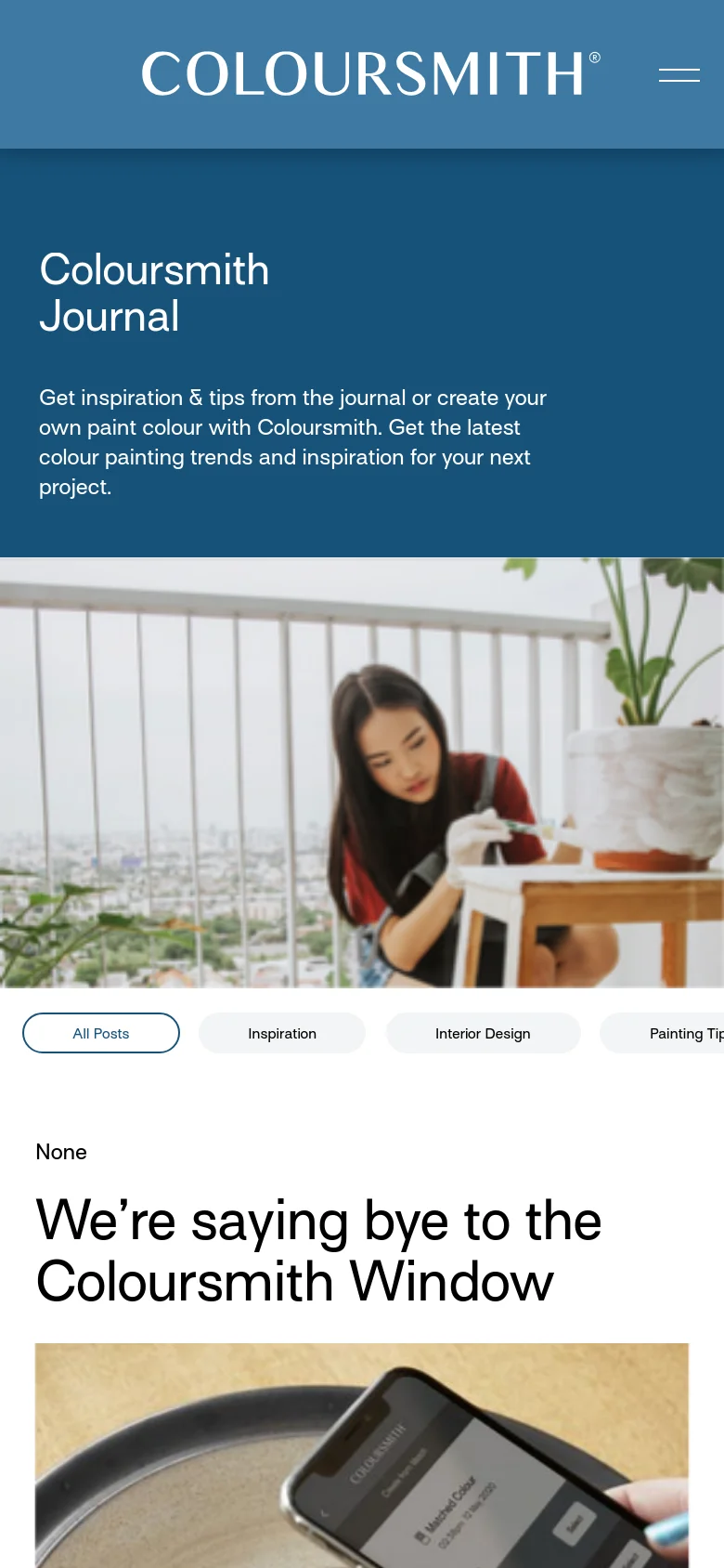 The mobile version presents a vertically stacked layout where the dark blue header and text block appear above the hero image. The navigation filter buttons are arranged in a single row that likely scrolls horizontally, and the content follows a single-column feed format.