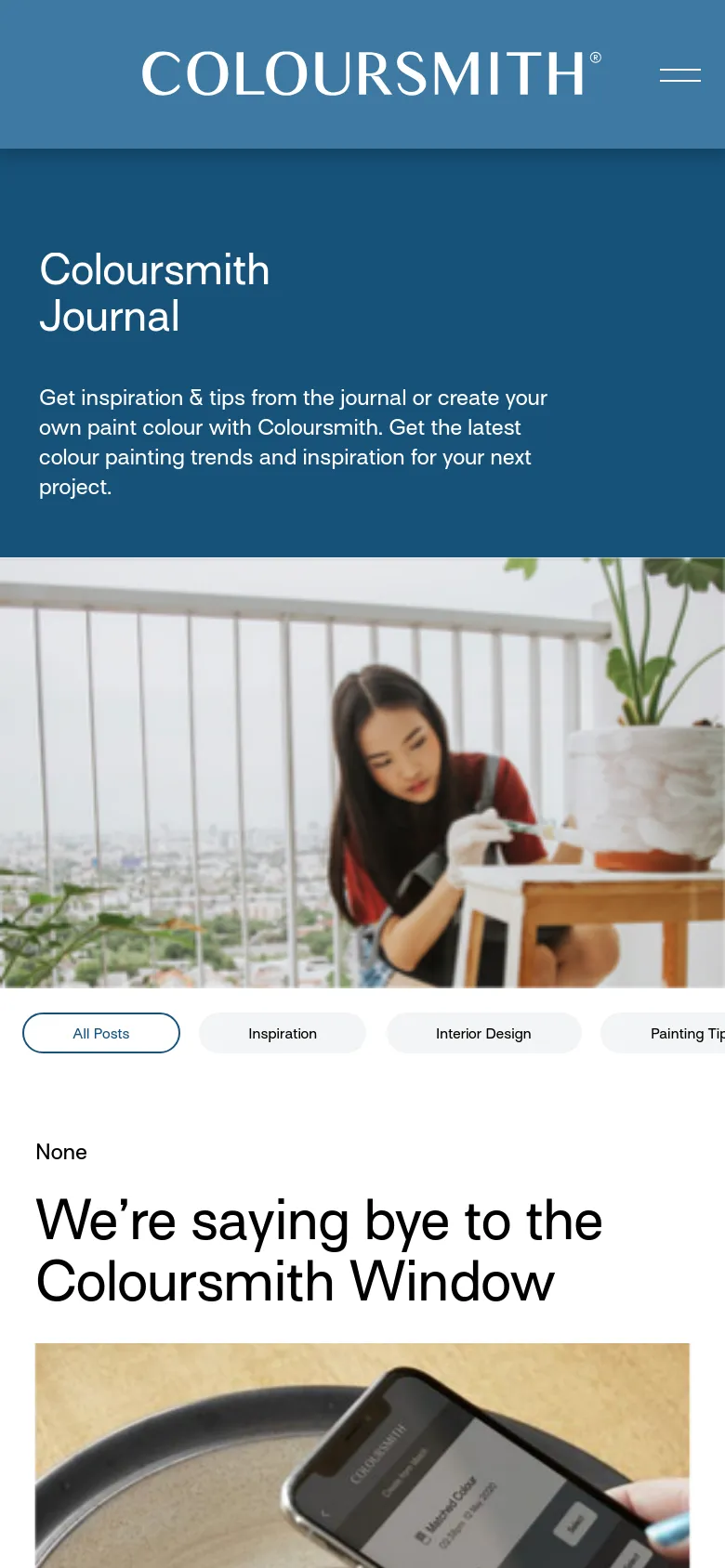 The mobile version presents a vertically stacked layout where the dark blue header and text block appear above the hero image. The navigation filter buttons are arranged in a single row that likely scrolls horizontally, and the content follows a single-column feed format.