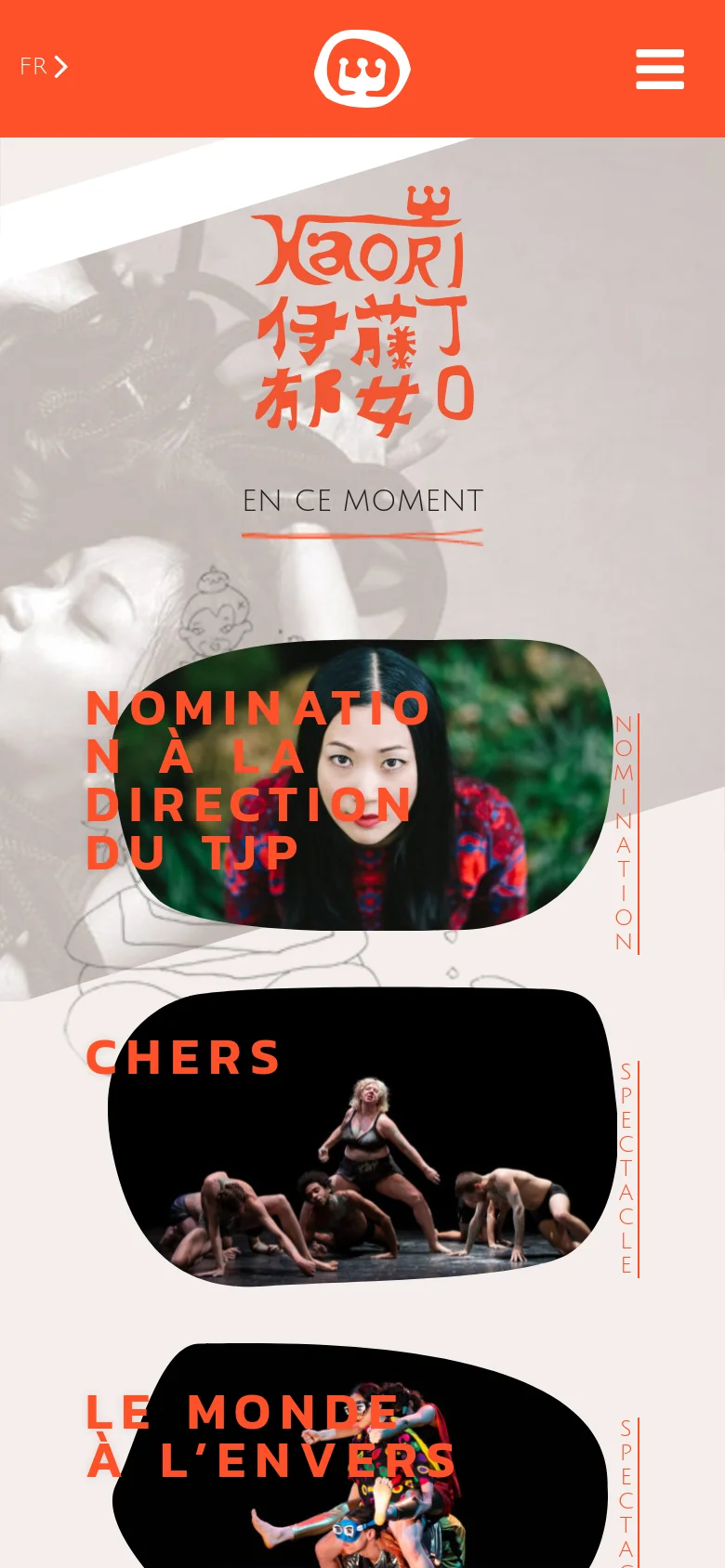 The mobile version presents a vertically stacked layout optimized for scrolling, with the large orange header containing the logo and menu icon at the top. The project sections follow a single-column format, featuring large headings and rounded image containers that span the width of the screen. The color palette remains consistent with white, black, and vibrant orange.